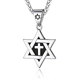ChainsHouse Davidstern Kette mit Kreuz in der Mitte Herren Edelstahl Halskette mit Davidstern Anhänger Männer Hexagramm Anhänger für Herren Davidstern Kettenanhänger Amulett Modeschmuck für Christen