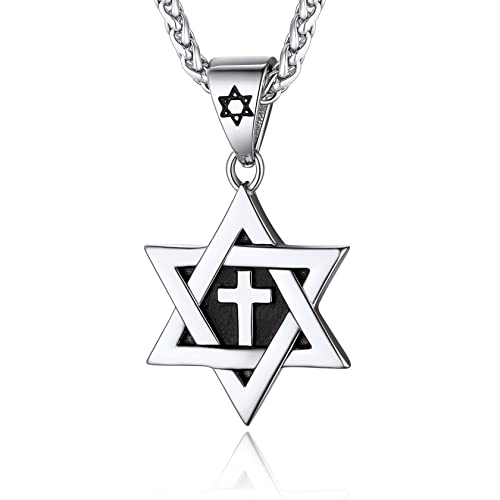 Collier Homme Etoile de David Argenté Pendentif Croix Femme Juif Amulette Religieux Triangles Torsadés Chaine Spiga Ble Acier 22 Pouce 55 cm Ado Enfant Garcon Gros Massif Brillant Porte Bonheur Cover