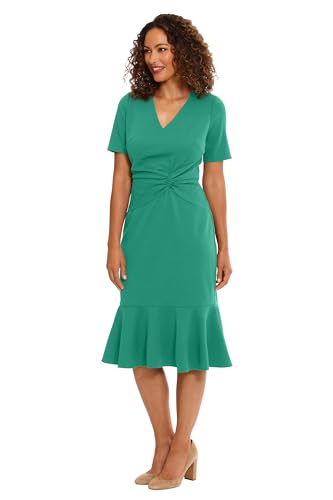 Image of London Times Women's V-Neck Dress - Flounce Hem, Twist Waist, Elegant Office & Event Wear