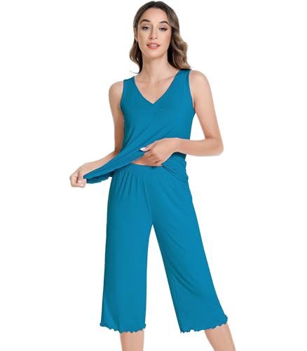 Image of NACHILA Women's Pajamas-Viscose made from Bamboo, V Neck Pjs Top with Capri Pants Pajama Set Sleeveless Sleepwear
