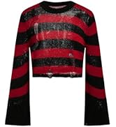 WDIRARA Women's Striped Sweater Ripped Long Bell Sleeve Knit Pullovers Crop Top