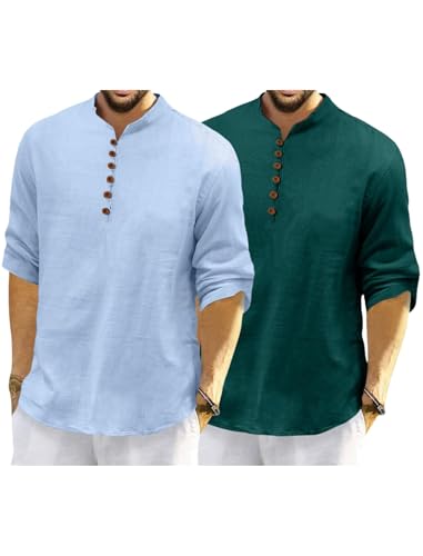 Image of Macsivo Men's Cotton Blend Kurta with Solid Band Collar Full Sleeve Button Closure Regular Fit Curved Hem Length | Kurta for Man | Combo Pack of 2