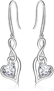 Birthstone Dangle Earrings for Women - Qings 925 Sterling Silver Infinity Heart Zirconia Drop Hypoallergenic Sparkly Gemstone Earrings Christmas Birthday Mother's Day Jewelry Gifts for Girls Mother