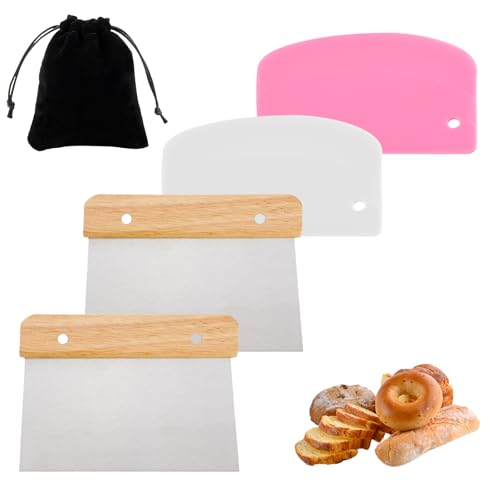 BORISCA 2 Pezzi Raschietto per Pasta Acciaio + 2 Raschietto di Plastica + Borsa, 15cm Acciaio Inossidabile Spatole per Impasto con Manico in Legno, Raschietto Cucina per Pizza Impasti Pane Farina(A)