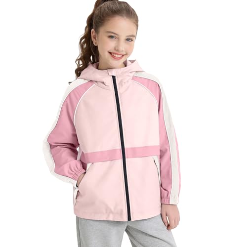Rolanko Girls Rain Jacket Waterproof Lightweight Hooded Windbreaker Raincoat for Kids Outdoor Hiking School Travel (Pink, 12-13 Years)