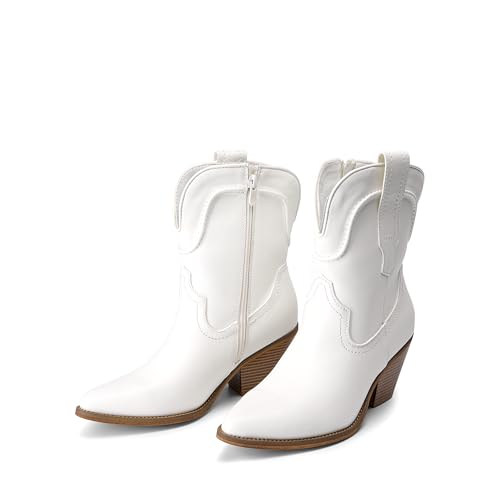 DREAM PAIRS DREAM PAIRS Women's Cowboy Ankle Boots Western Booties Low Heel Pointed Toe Cowgirl Boots,Size 8,White,SDAB2302W