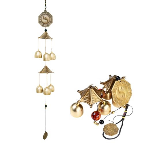 Carillons à Vent Fengshui Vintage, Cloche Chinoise Porte-Bonheur en Métal, avec Cordon, 6 Clochettes pour la Bénédiction et la Chance (A)