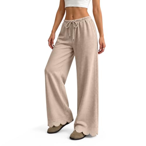 Scalloped Pants for Women Flowy Low Rise Baggy Loose Wide Leg Pants, Brown | Elastic Waisted, Straight Leg, Drawstring, Going Out Bottoms, Athletic, Gym, Work Out, Running, Fall Clothing with Pockets - image 5