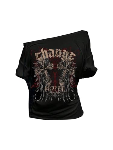 Image of RoseSeek Women's Off The Shoulder Goth Graphic Tees Short Sleeve Asymmetrical Oversized Y2K T Shirts