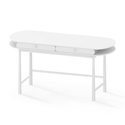 ELEVAQ 60in Solid Wood Desk - Oval-Shaped Double-Top Dressing Table, White