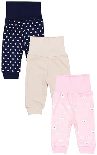 TupTam Baby Mädchen Lange Pumphose 3er Pack, Farbe: Herzen Dunkelblau/Bärchen Rosa/Beige, Größe: 86