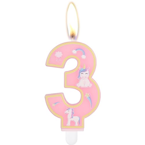 Velas de cumpleaños unicornio feliz cumpleaños, decoraciones de fiesta de pastel de cumpleaños, lindas velas de cumpleaños de unicornio rosa número 3 para fiesta de cumpleaños temática