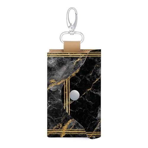 Black Gold Marble with Golden Border Key Holder Bag PU Leather ID Card Holder Keychains Case Cover for Men Women