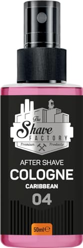 THE SHAVE FACTORY Aftershave-Kölnischwasser – Caribbean 50ml – Lebhafter Zitrus-, Blumen- & Holzig-Duft für Männer – Langanhaltende Frische nach der Rasur – Beruhigt Rasurreizungen