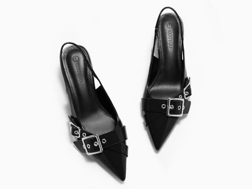 Coutgo Womens Slingback Kitten Heels Closed Pointed Toe Pumps Studded Buckle Strap Party Dress Shoes4