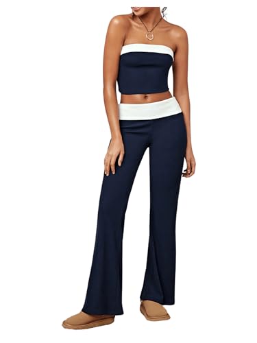 WDIRARA Women's 2 Piece Outfits Color Block Strapless Sleeveless Tube Top and Bell Bottom Flare Pants Set