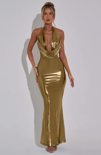 Memoriesea Women's Luxury Metallic Halter Neck Bodycon Party Evening Gown Maxi Dress2