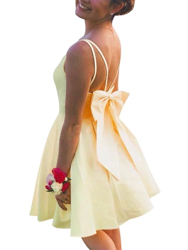 Women's V-Neck Homecoming Dresses for Teens with Bow 2025 Spaghetti Strap Short Prom Dress with Pocket