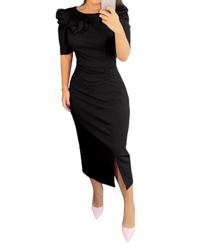 Women's Bodycon Midi Dress Ruched Puff Sleeve Cocktail Pencil Dress Casual Slit Party Work Dresses