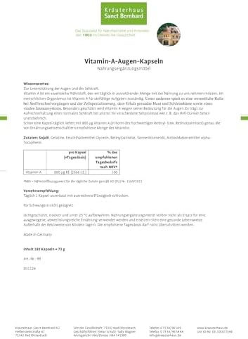 Sanct Bernhard Vitamin A-Augen-Kapseln 800 µg mit 180 Kapseln für Mamas und Babys beim Eintritt in die Schule
