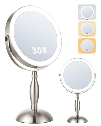 8"Makeup Mirror with Light–Brushed Nickel, 30X Magnifying/1X Double Sided