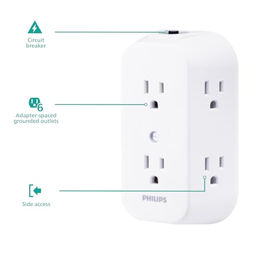 Philips 6-Outlet Extender, Grounded Wall Tap, Reset Button, Circuit Breaker, Adapter Spaced Outlets, 3-Prong, Multiple Plug, Quick and Easy Install, Cruise Essentials, ETL Listed, White, SPS1460WA/37