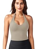 ZAAYO Halter Neckline Tank Top Mujer Deep V Acolchado Crop Top Mujer Verano Básico Sexy sin Mangas Verano Tops, Avena, S