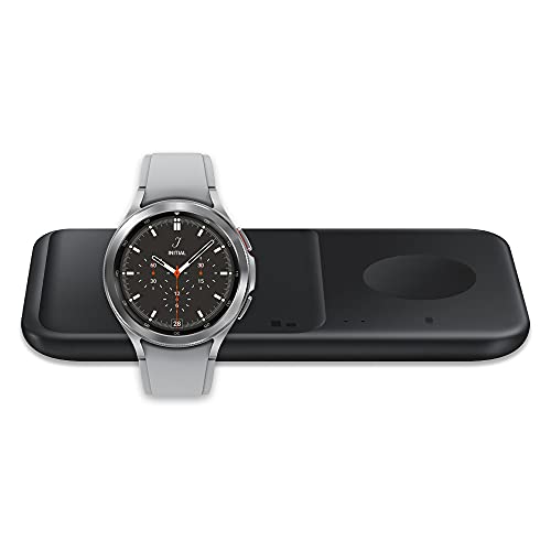 Samsung Galaxy Watch 4 Classic 46mm Smartwatch Bluetooth, Silver (US Version) with SAMSUNG Wireless Charger Fast Charge Pad Duo (2021), Black