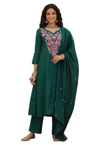 Costume ethnique traditionnel brodé en rayonne verte : ensemble 3 pièces kurti M