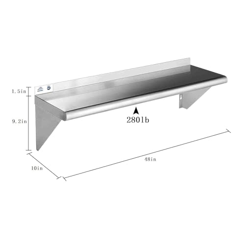 Image of ROCKPOINT Stainless Steel Shelf 10 x 48 Inches 280lb, 2 Pack NSF Metal Commercial Shelves Wall Mount Floating Shelving with Backsplash for Restaurant, Kitchen, Home and Hotel, Silver