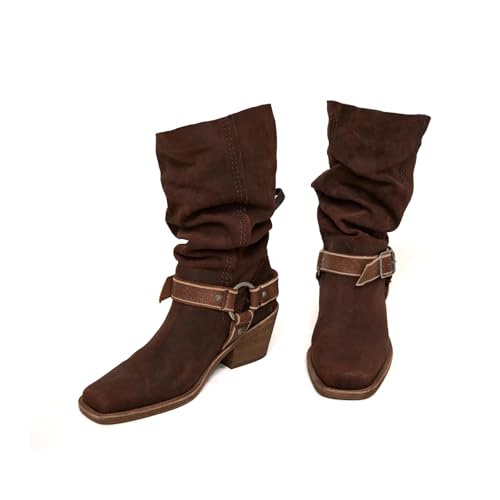 MAVMAX Cowboy Boots with Buckle Slouchy Pull on Mid Calf Boots Cowgirl Fashionable Stacked Chunky Heels Booties for Women Ladies Suede