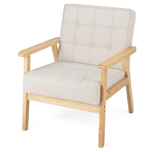 COSTWAY Sessel Wohnzimmer, Loungesessel Gepolstert, Moderner Akzentstuhl mit Armlehnen aus Gummiholz, Einzelsofa für Wohnzimmer, Schlafzimmer (Beige)