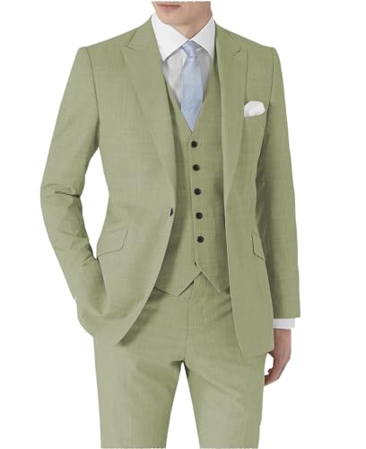 3 Piece Linen Suits for Men Slim Fit Wedding Summer Grooms Groomsmen Linen Blazer Vest Pants Suit Set