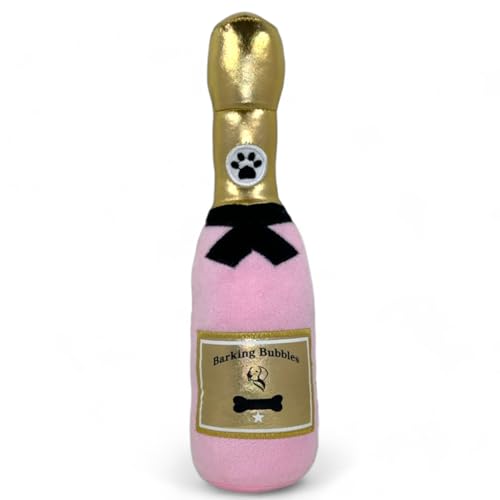 MIJOMA Hundespielzeug Barking Bubbles - Plüsch-Champagnerflasche für Hunde, Quietschgeräusch, Robustes Polyester, 28 cm (Rosa)