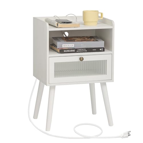 AWASEN White Nightstand with Charging Station, Modern Bedside Table with Glass Decorative Drawer, Small End Table Side Table with 2 Tiers Storage Space, for Bedroom, Office and Small Space(White)