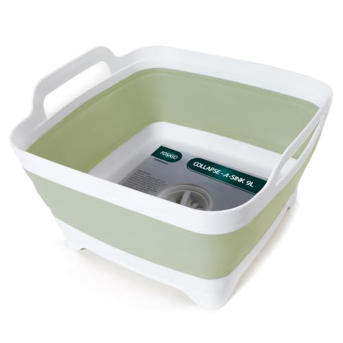 Image of FOSJGO Collapsible Dish Basin with Drain Plug, 2.4 Gal (9L) Space-Saving Foldable Sink, Wash Basin for Kitchen, Baby Bottles, Vegetable Washing, Camping, RV and Party Beverage Tubs (Light Green)