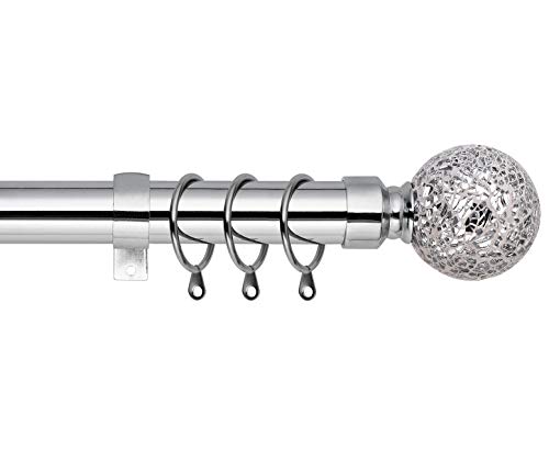 Mosaic Ball Extendable Curtain Pole. Includes Pair Of Superior 60mm Size Finials, Rings, Brackets & Fittings Set. (Chrome, 160cm - 300cm, 63 Inch to 118 Inch)