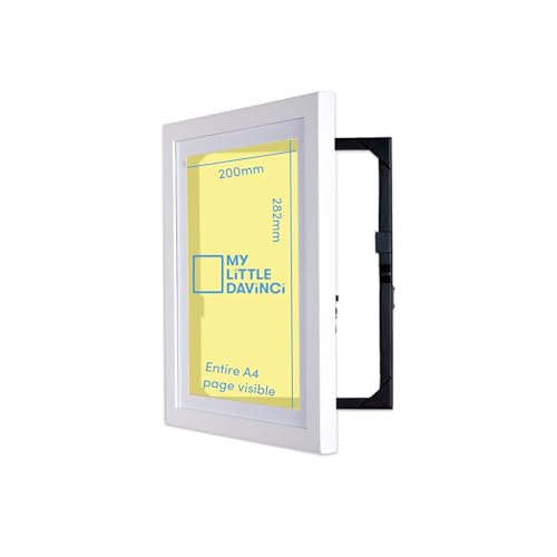 My Little DaVinci A4 White Wooden Picture Frame Front Opening Art Frame with Storage for 50 Sheets Wall Mounted Kids Artwork Display for Photos Drawings Home Decor