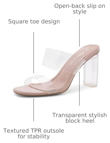 Image of Shoe Land Clear Heels for Women, Transparent Two Strap Chunky Block High Heel Mules, Slip On Square Toe Dressy Sandals for Wedding, Party, Prom