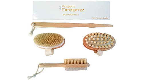 Project Dreamz Dry Brushing Body Brush for Dry Skin Brushing & Exfoliating with 100% Natural Boar Bristles & Long Handle kit - Back Brush Scrubber, Bath & Shower Brush, Face Brush, Cellulite Massager