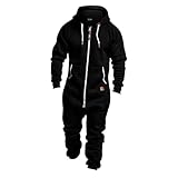 Mens Fleece Lined Hooded Jumpsuit Zip Up Onesie Pajamas One Piece Playsuit Jogger Sweatsuit Overalls with Pockets Black