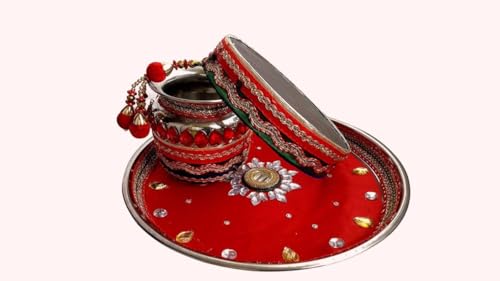 Thali de Pooja Hindou en Laiton Karwachauth Ensemble Décoratif avec Pot Karva