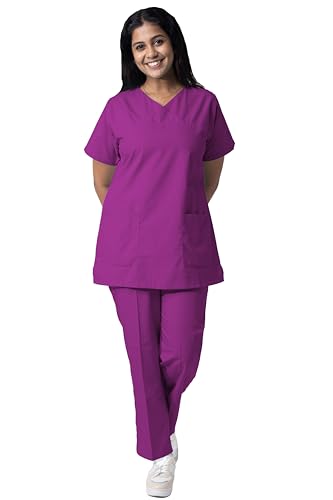 Image of UNIFORM CRAFT Women's 4 Pocket Scrub Suit Set | Medical Uniform | Cross V-Neck Poly Cotton | Short Sleeve Hospital Wear | Ideal for Doctors & Nurses (Violet, S)