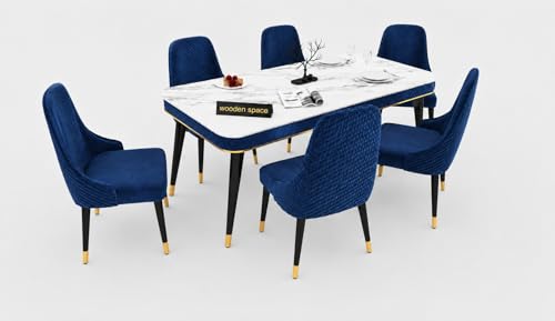 Image of WOODEN SPACE 6-Seater Wooden Dining Table Set | Nano Composite Marble Top | Solid Wood Base | Modern Dining Room Furniture with 6 Chairs (Navy Blue Modern Vento)