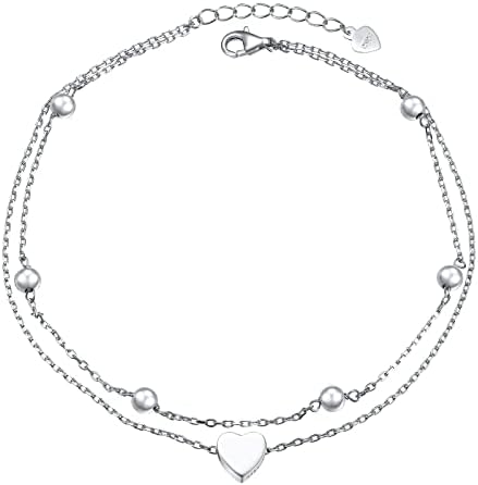 FLYOW Anklet for Women S925 Sterling Silver Adjustable Foot Beaded Heart Charm Ankle Bracelet Anklets Jewelry 12 13 14 Inch Plus Size