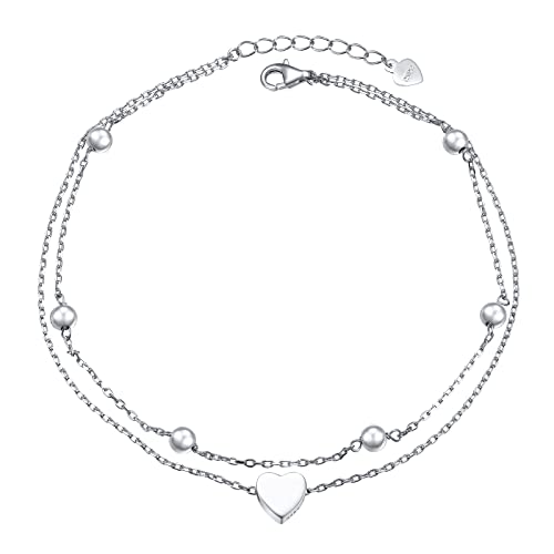 Image of Flyow Anklet for Women S925 Sterling Silver Adjustable Foot Beaded Heart Charm Ankle Bracelet Anklets Jewelry