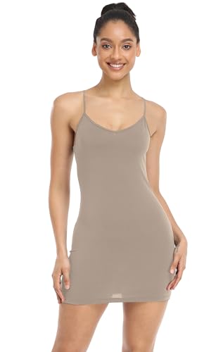 Image of Qaffier Full Slips Dress for Women Adjustable Spaghetti Strap V Neck Under Dress Camisole Mini Slip Dress