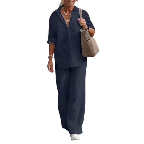 2 Piece Cotton Linen Outfits for Women 3/4 Sleeves Lapel Tops Csaual Business Sets Pants Suit