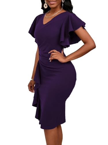 Summer Church Dress for Women V Neck Ruffle Short Sleeve Bodycon Work Midi Dresses4