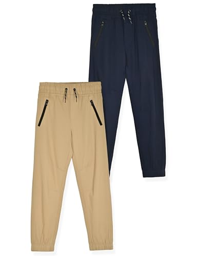 TONY HAWK Boys Twill Jogger Pants with Zipper Pockets 2-Pack Pull on Pants for Kids (Navy-Beige 8)